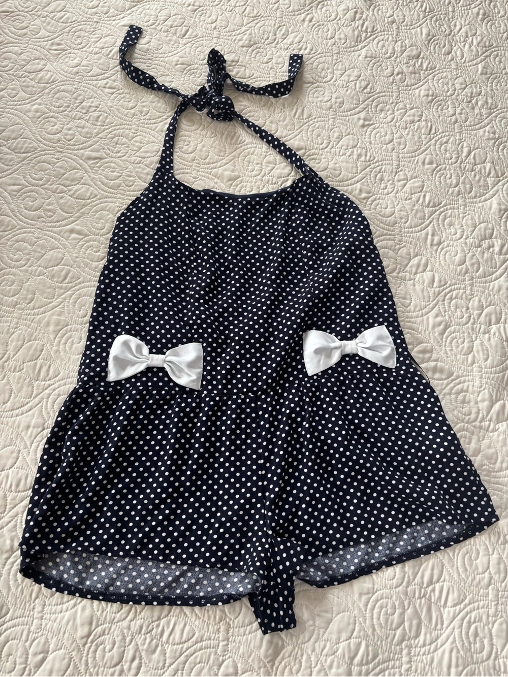 Edikted Black and White Polka Dot Halter Romper with White Bows
